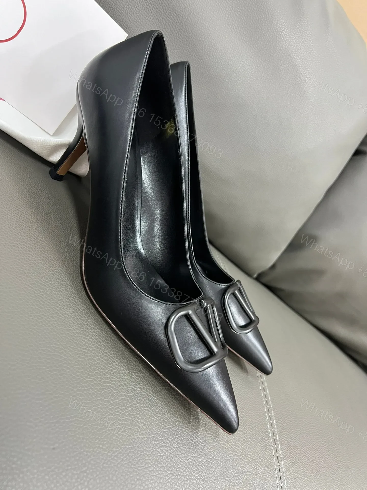 View 4 of Valentino Women Black Leather Pointed Pumps