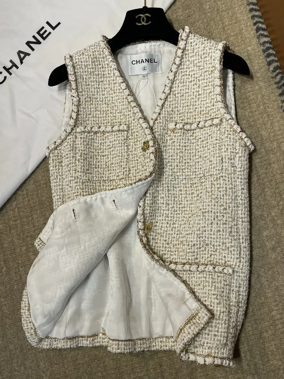 View 9 of Cream Bouclé Vest, Gold Buttons, Textured Luxe Style, Buttoned Front Vest