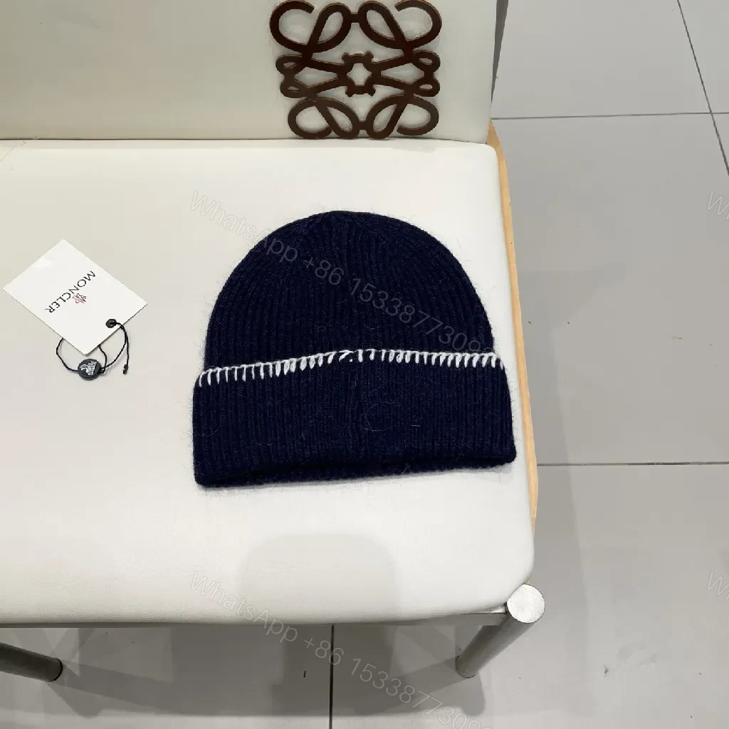 View 5 of Navy Knit Beanie with Contrast Stitch, Fold-Over Cuff