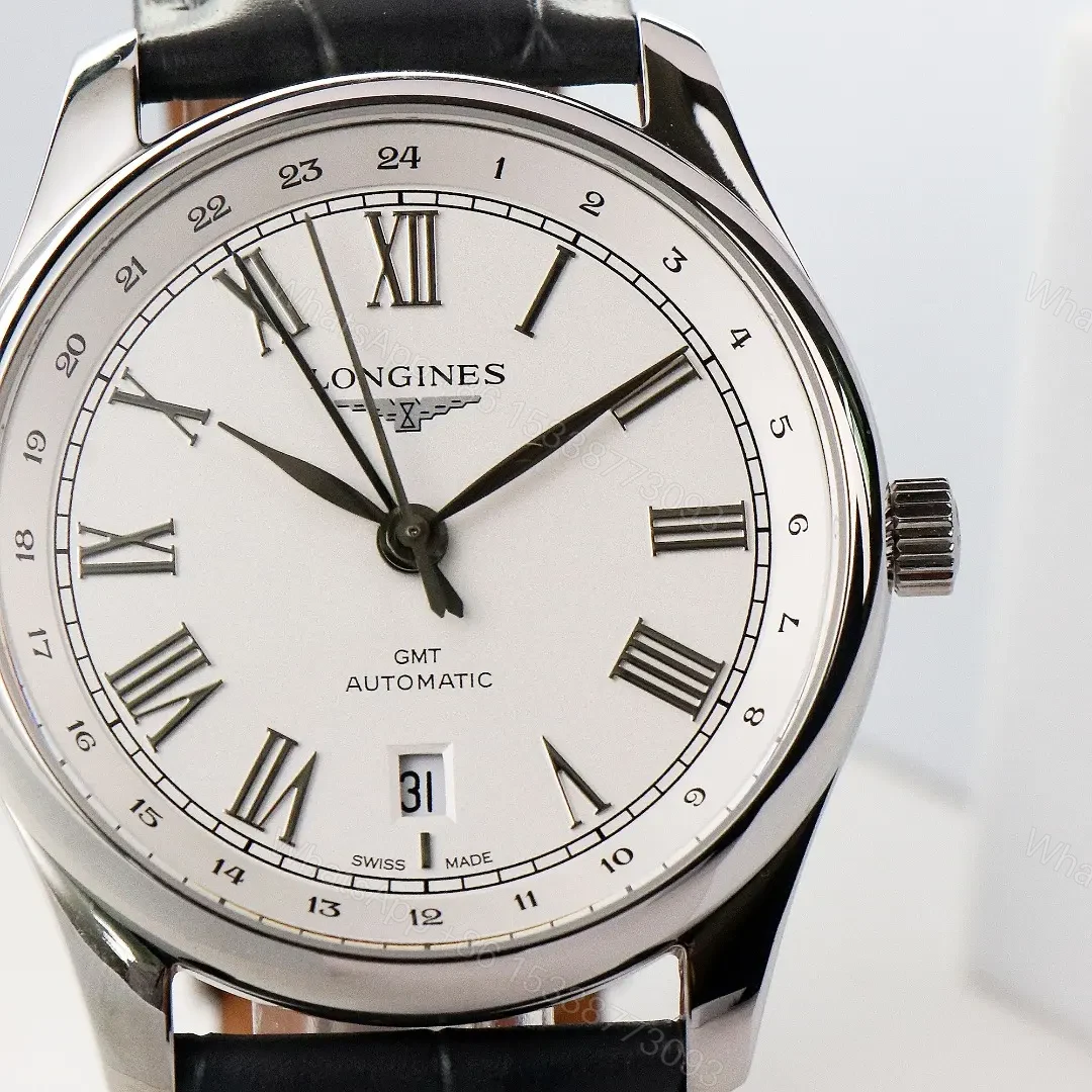 View 4 of Longines Master Collection GMT Watch Silver Dial Black Leather Strap 40mm Case