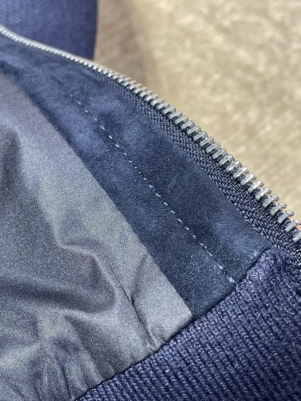 View 5 of Navy Suede-Texture Hybrid Jacket with Knit Sleeves