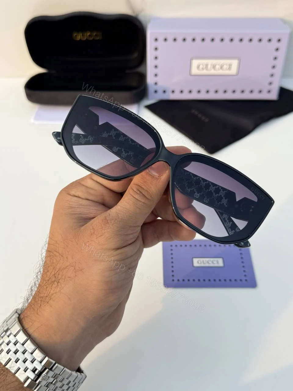 View 3 of First Copy Gucci Square Sunglasses Black Frame Gradient Grey Lens