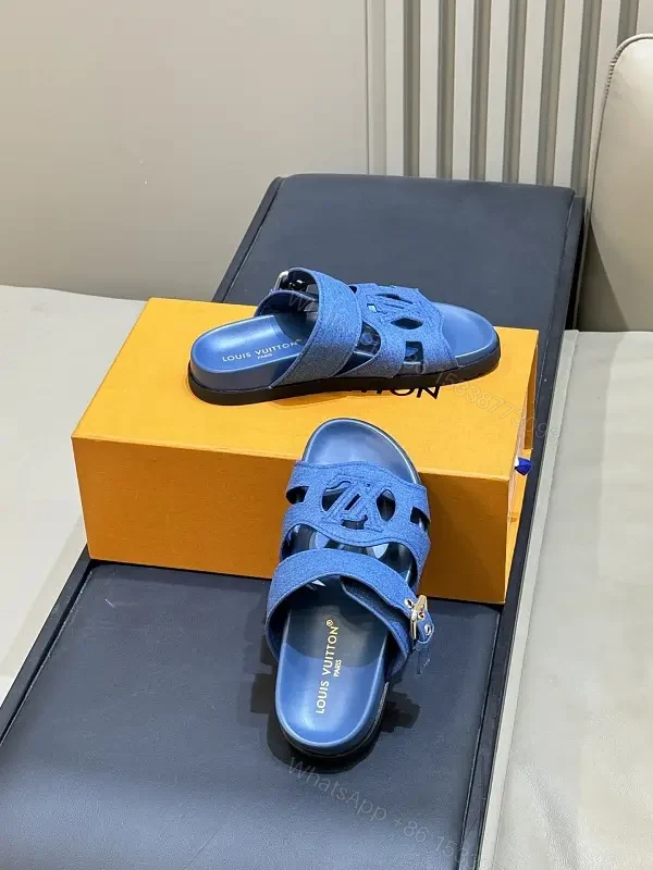 Blue Denim Luxury Sandals, Louis Vuitton Style, Open Toe Slides — view 1
