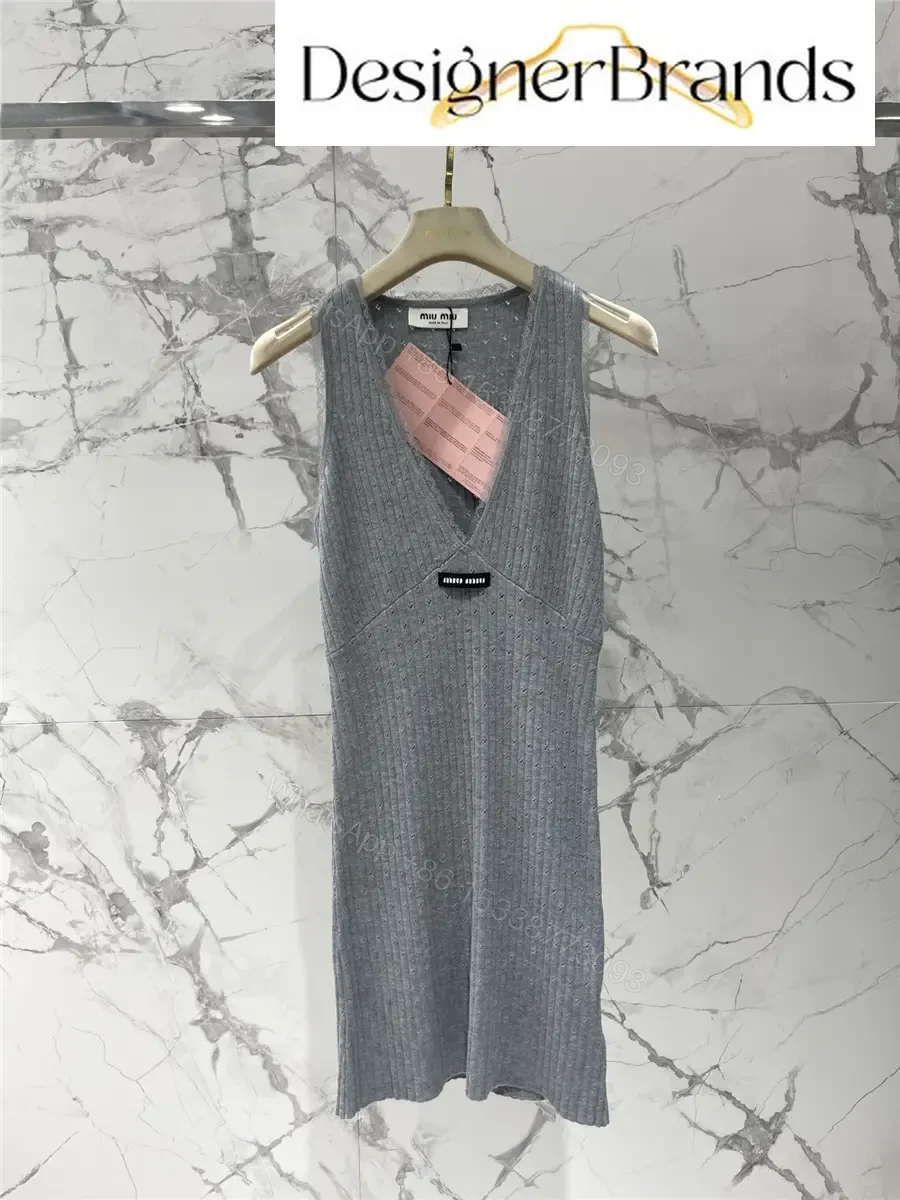 View 2 of Miu Miu Grey V-Neck Sleeveless Knitted Mini Dress