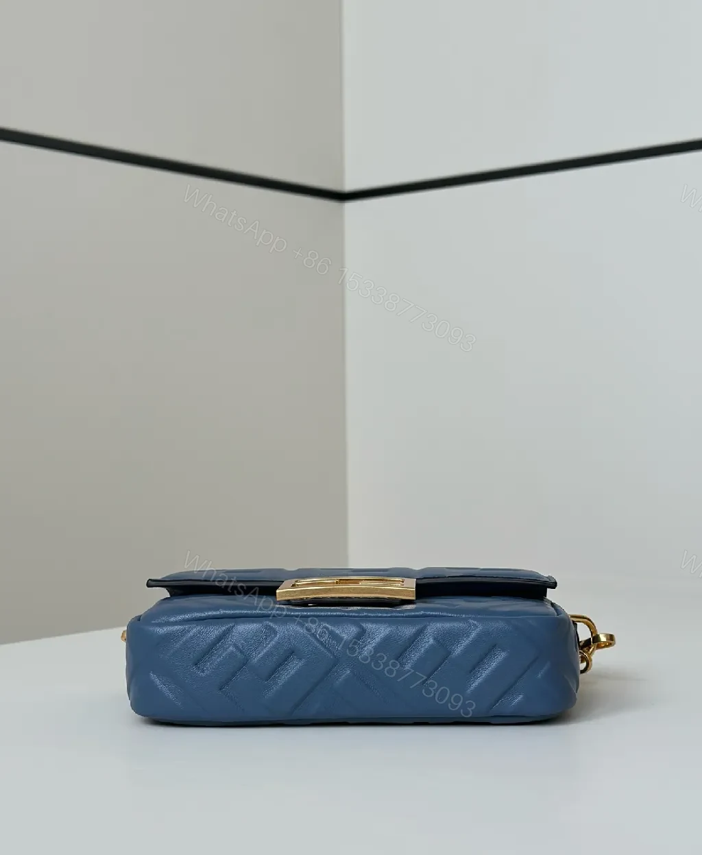 View 7 of Blue Leather Crossbody with Monogram Texture, Luxury Style