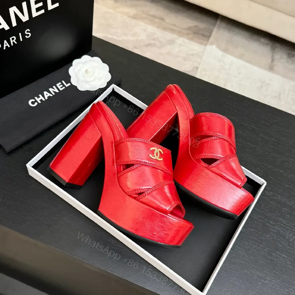 View 3 of Bold Red Patent Platform Mules with Luxe Logo Hardware