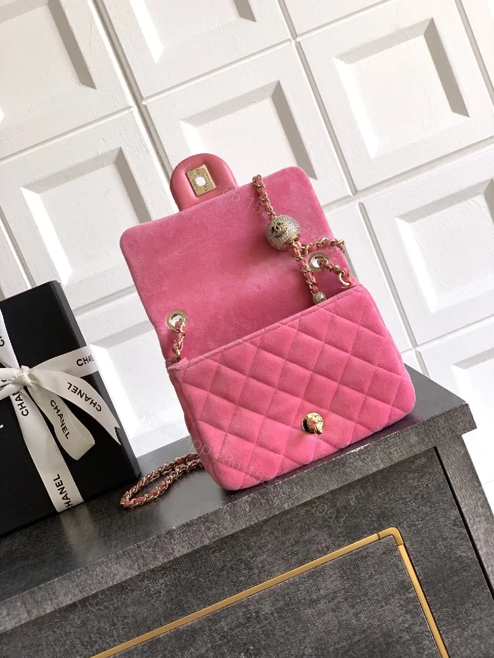 View 6 of Pink Velvet Quilted Flap Bag with Gold Hardware