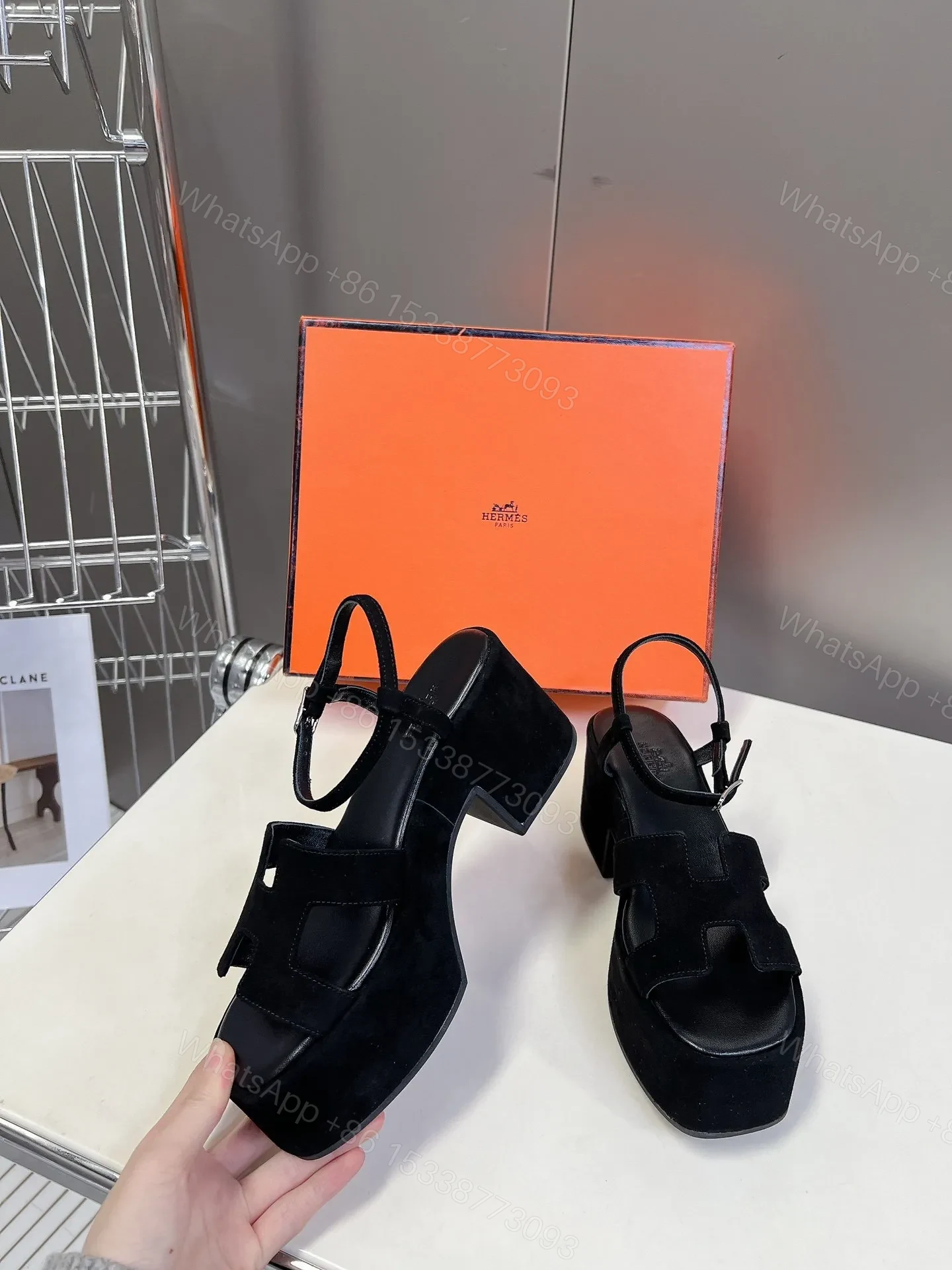 View 5 of Hermes Women Black Suede Slingback Sandals