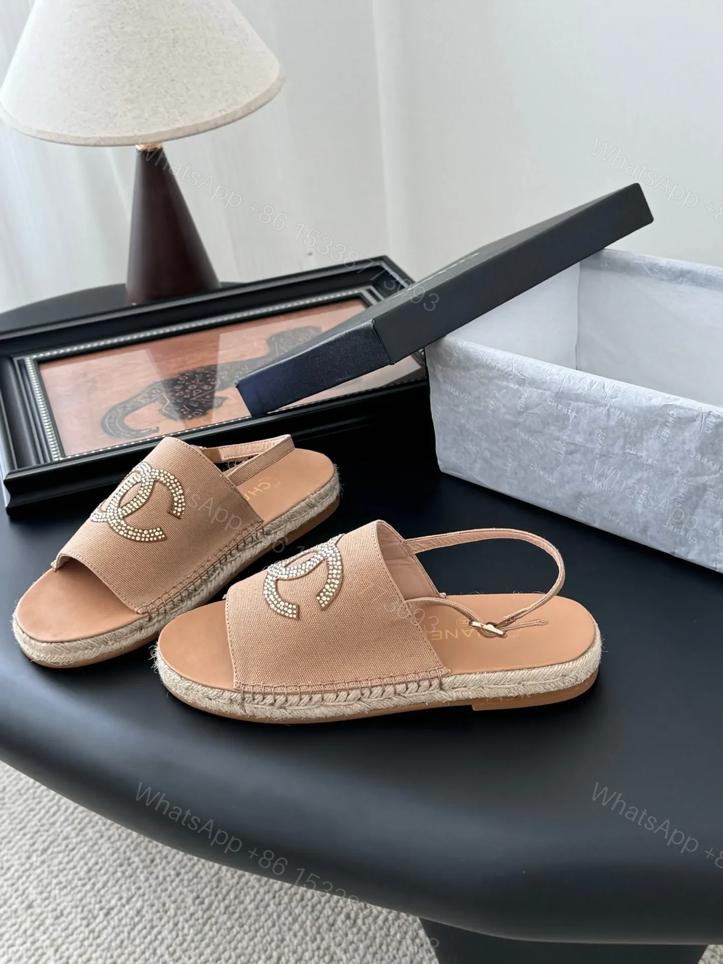 View 2 of Chanel Women Beige Canvas Crystal Logo Sandals