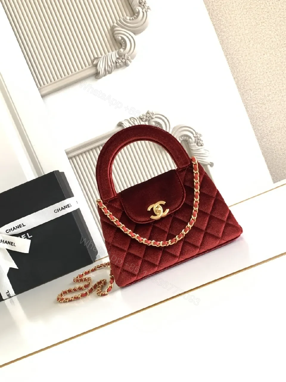 View 4 of Rich Velvet Quilted Mini Bag with Gold Logo