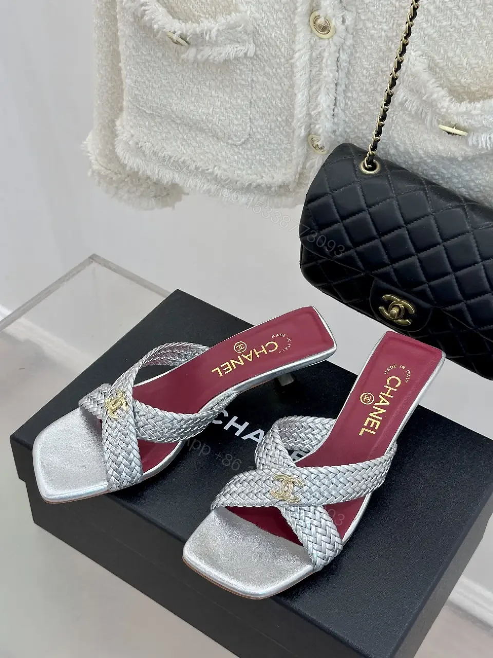 View 9 of Silver Braided Slides Metallic Chanel-inspired Cushioned Comfort Mules