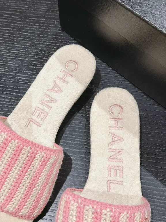 View 3 of Pink Knit Slides with Chanel-Inspired Detail â€“ Effortless Comfort