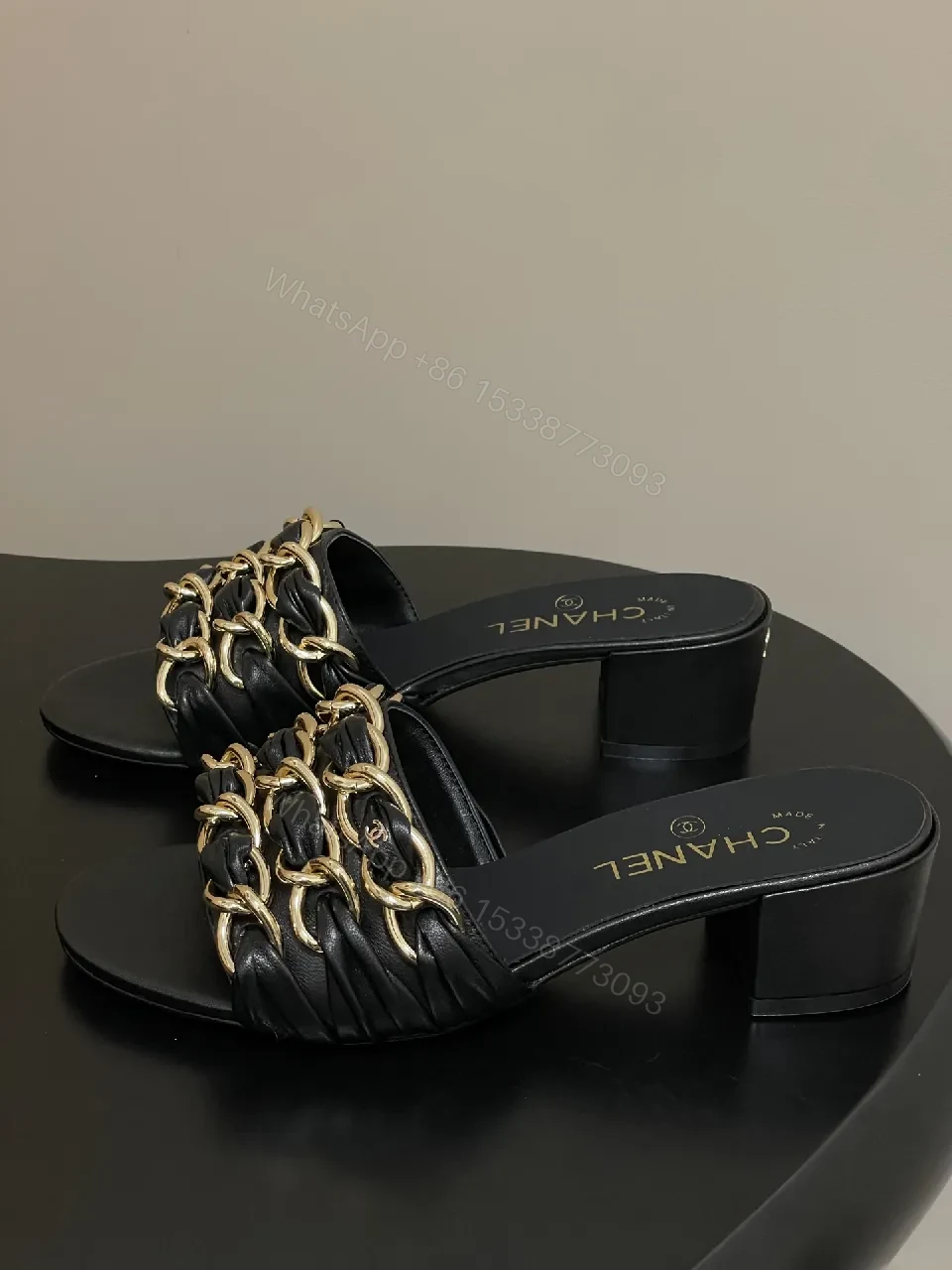 View 3 of Black Leather Chain-Detail Mules, Open-Toe, Low Block Heel