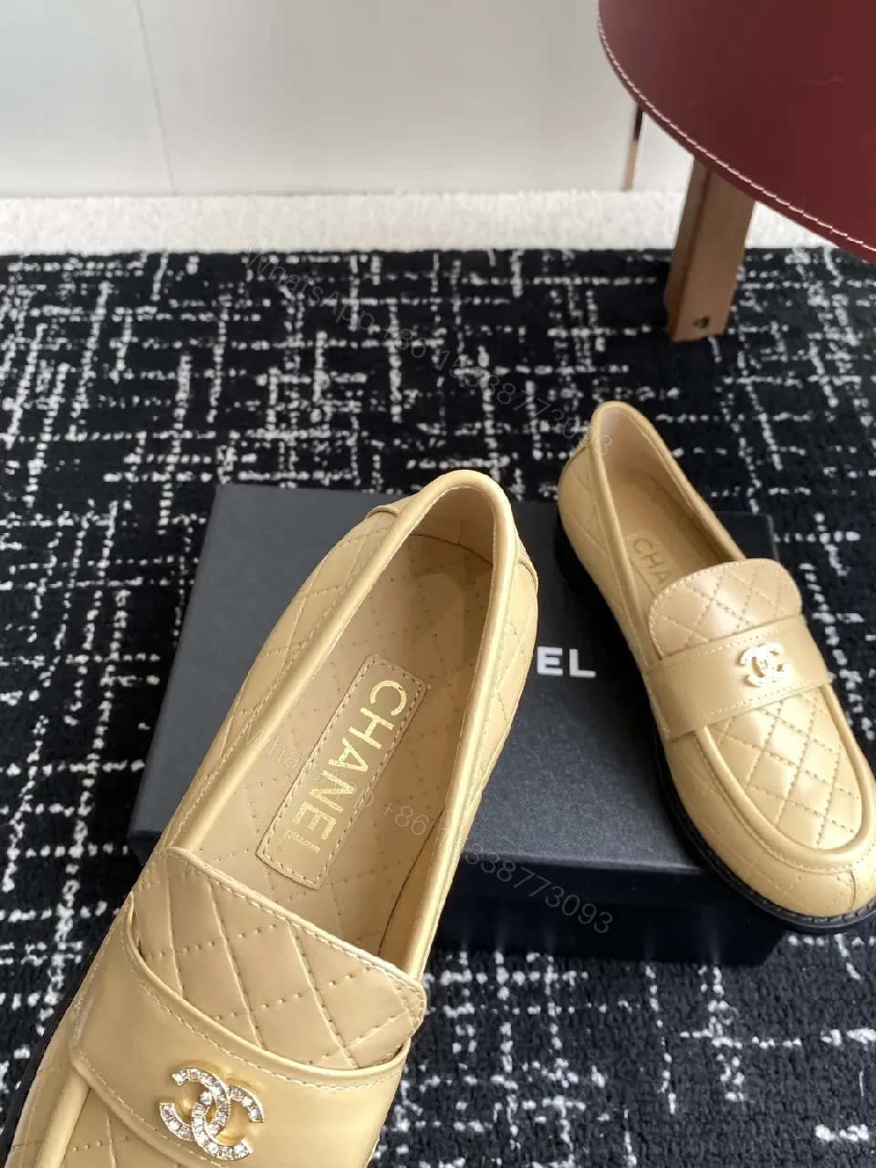 View 7 of Cream Quilted Leather Loafers with Gold Emblem – Everyday Luxury