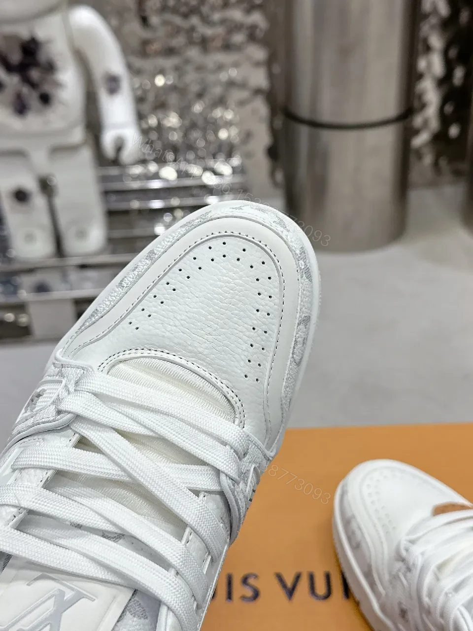 View 6 of Patterned White Leather Luxury Sneakers with Monogram Details