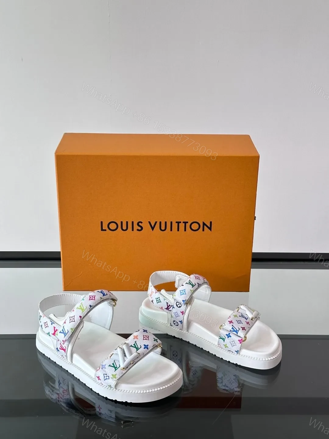 View 5 of LV Men White Canvas Multicolor Logo Sandals