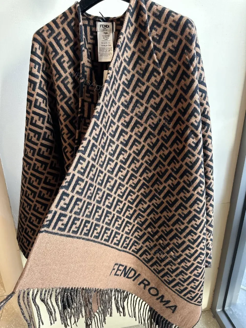 View 9 of Lux Knit Wrap: Monogram-Inspired, Two-Tone, Fringe Detail