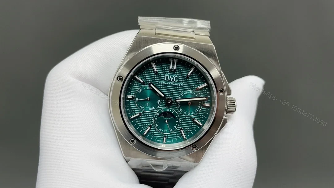 View 3 of IWC Ingenieur Green Replica 42MM Premium Perpetual Calendar Steel Bracelet Edition RG-IWC-INGENIEUR-GREEN-42