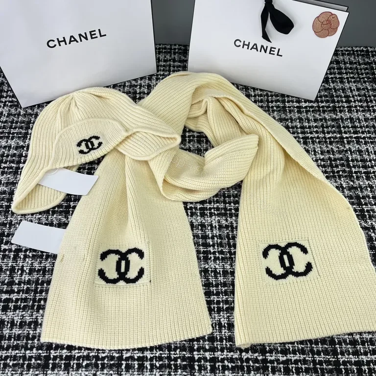 View 7 of Chanel Knit Set: Black & Cream, Signature Logo Hat & Scarf