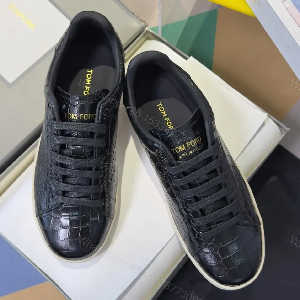 View 5 of Croc-Textured Leather Sneakers – Black & Cream, Luxury Casual