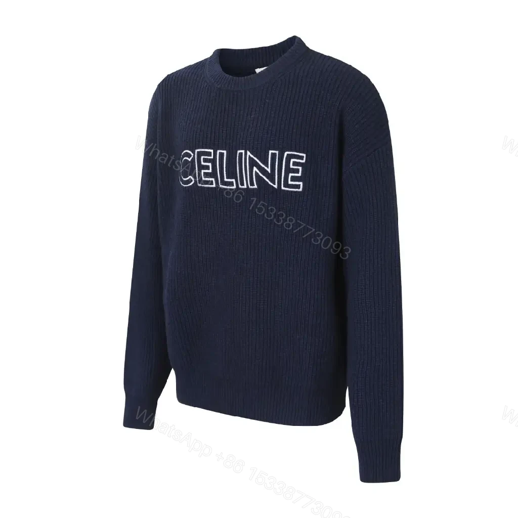 View 9 of Navy Knit Crew with Bold CELINE Script - Luxe Everyday Comfort
