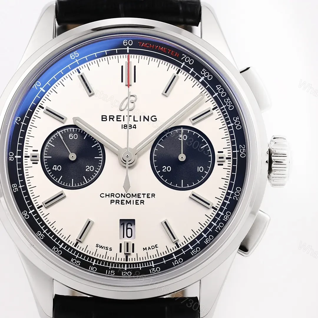 View 6 of GF Factory Breitling Premier B01 Chronograph Watch – Silver Dial, Blue Sub-dials, Black Leather Strap