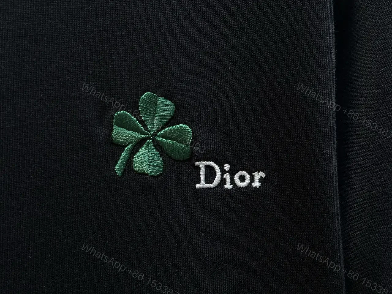 View 5 of Black Cotton T-Shirt with Green Clover Embroidery, Dior-inspired Style, Logo Feature, T-Shirt
