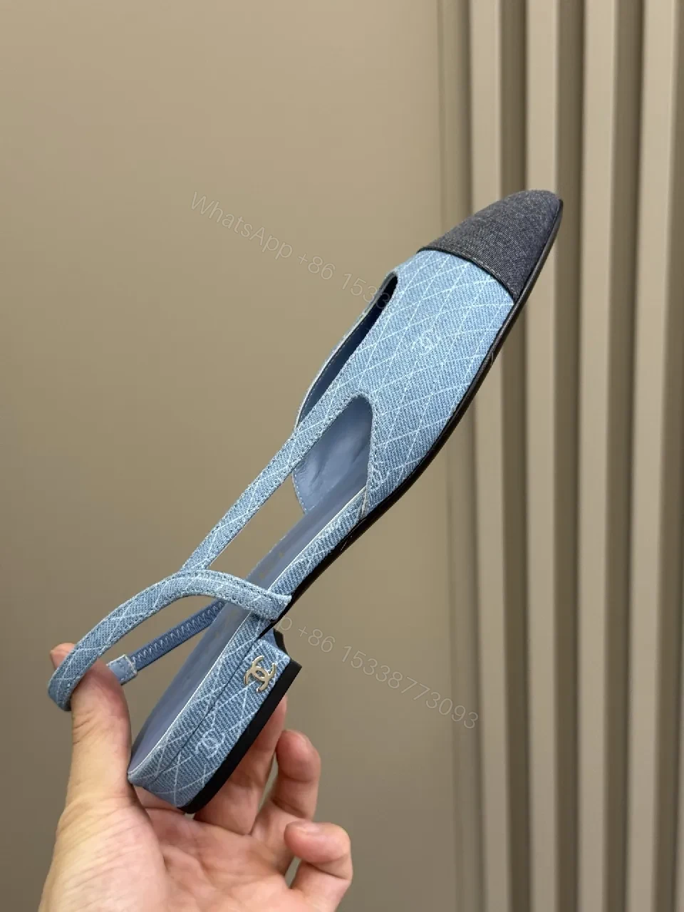 View 2 of Denim Slingback Heels: Geometric Stitching, Mid-Block Heel