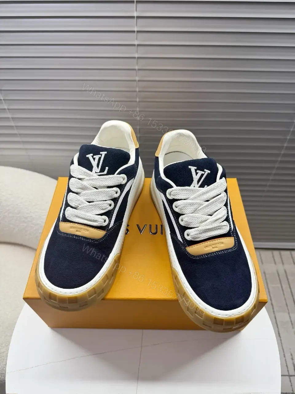 View 7 of Navy Suede Luxe Sneaker: Cream Accents, Gum Sole, High-Top