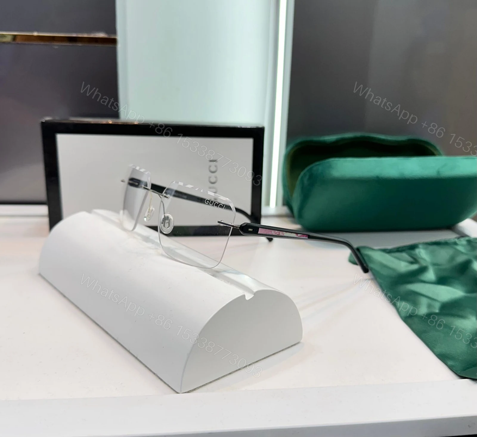 View 3 of Gucci Rimless Rectangle Eyeglasses Black-Silver