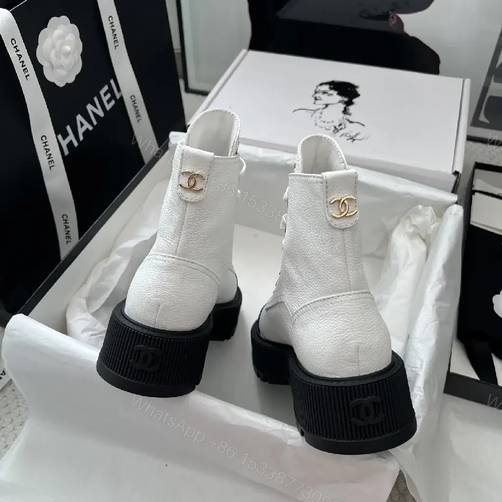View 5 of Two-Tone Combat Boots: Luxe Urban High-Top with Logo Details