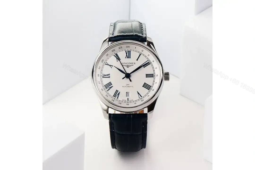 Longines Master Collection GMT Watch White Dial with Blue Hands 40mm Stainless Steel Case Italian Grey Leather Strap — view 1