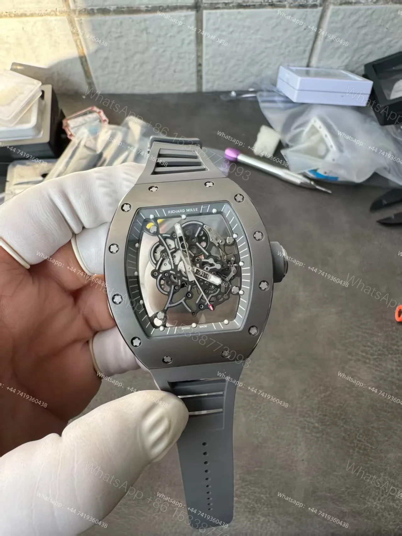 Richard Mille RM 055 Grey Ceramic Vaucher Free-Sprung Grey Rubber Strap Custom Super Clone — view 1