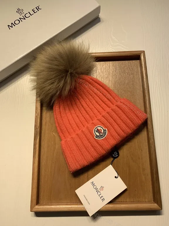 View 8 of Orange Knit Beanie with Fur Pom-Pom by Moncler - Luxe Wool Blend, Ribbed Style