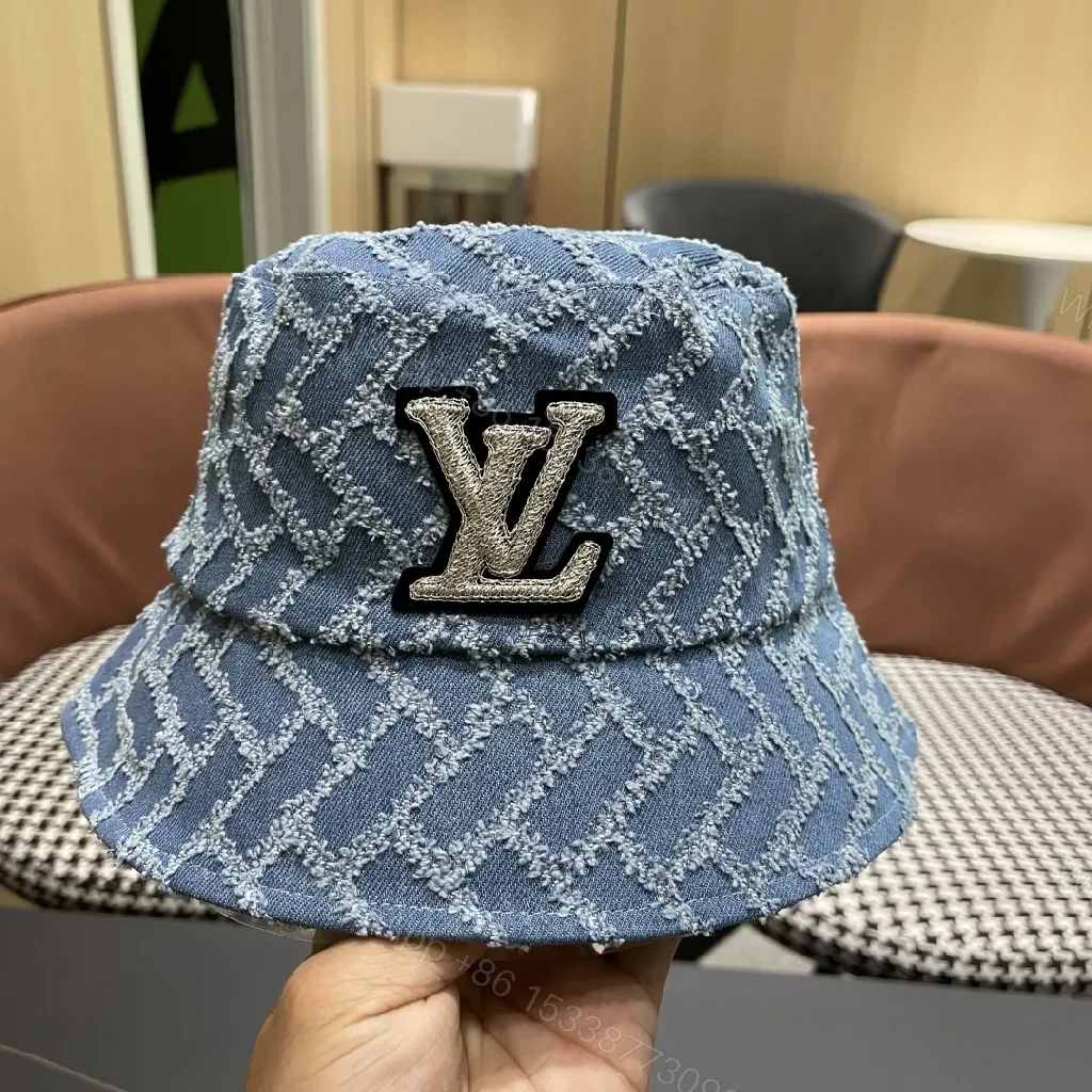 View 6 of Textured Denim Bucket Hat with LV Emblem