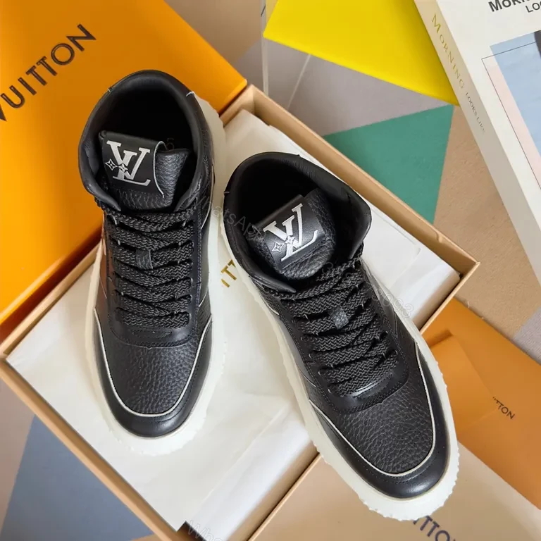 View 6 of Black Leather High-Top Sneakers with LV Detail