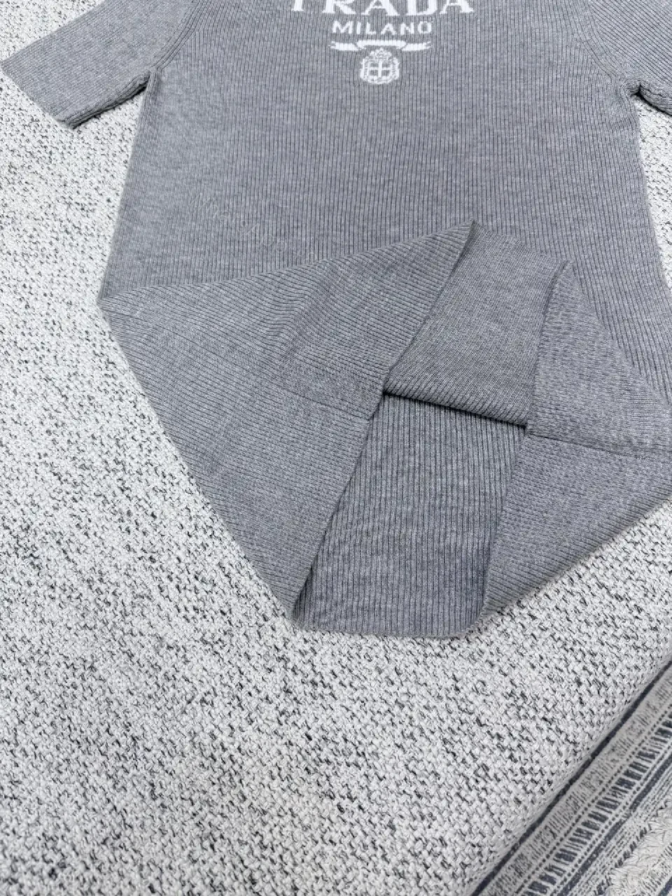 View 9 of Grey Ribbed Prada Milano T‐Shirt Dress: Subtle Texture, Everyday Luxury