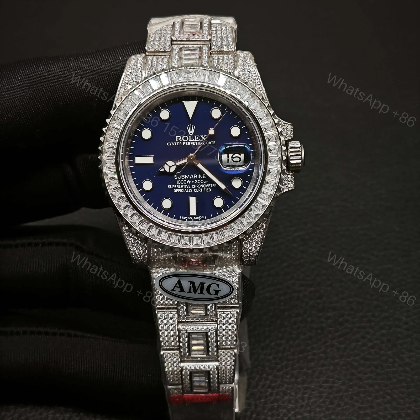 Rolex Submariner Blue Dial Diamond Replica 40MM Exclusive Full Pavé Oyster Bracelet RG-ROLEX-SUB-BLUE-PAVE-40 — view 1