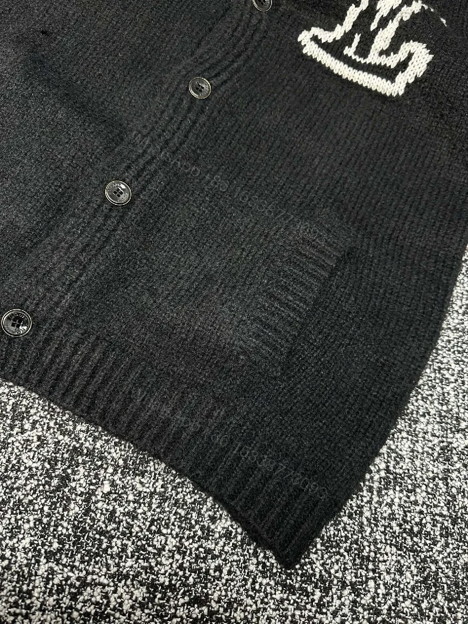 View 8 of Statement Cardigan with Monogram Knit, Black, Unisex, Button Front, Cardigan