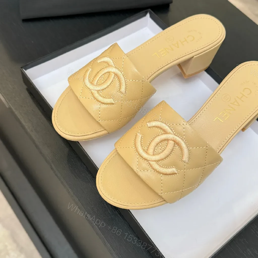 View 4 of Quilted Nude Slide with Logo Accent, Mid-Heel, Luxe Style