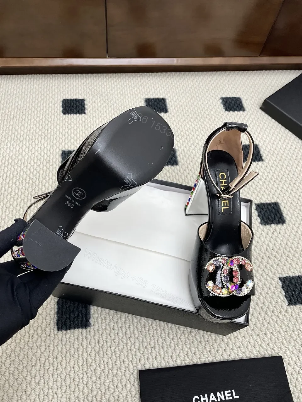 View 7 of Embellished Velvet Sandals with Crystal C-C Closure