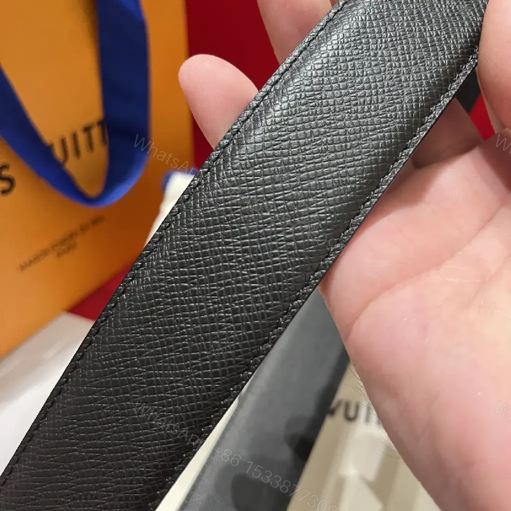 View 6 of Black Leather Belt with Silver LV Logo Buckle, Classic Pebbled Texture
