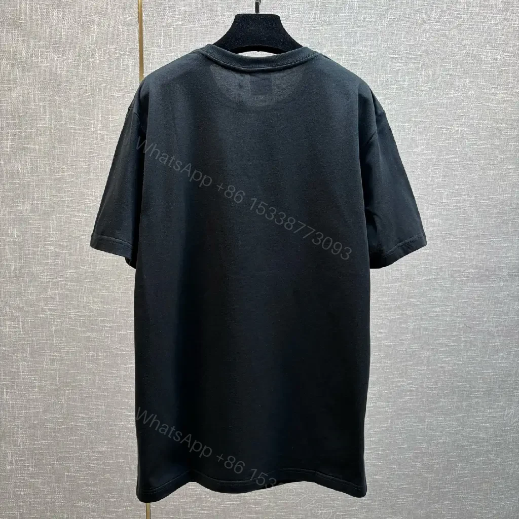 View 3 of Black Cotton T-Shirt with Green Clover Embroidery, Dior-inspired Style, Logo Feature, T-Shirt