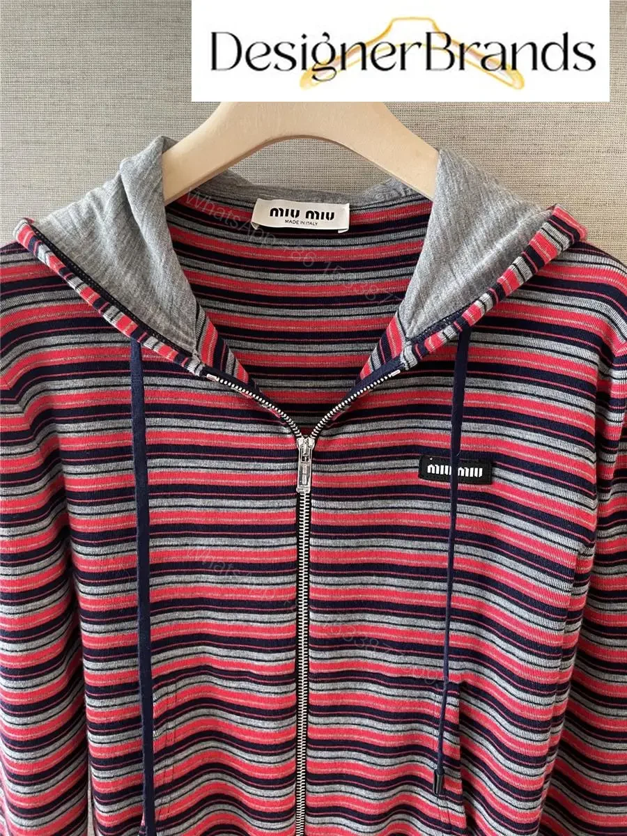 View 2 of Miu Miu Striped Knitted Zip-Up Hoodie