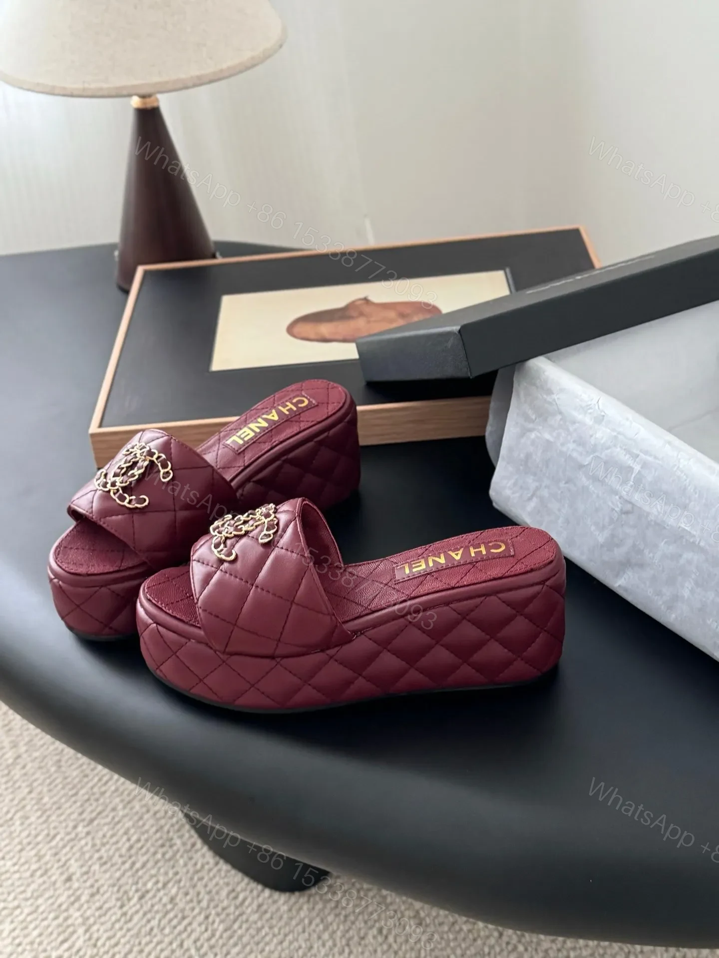 View 2 of Chanel Women Burgundy Quilted Leather Slides