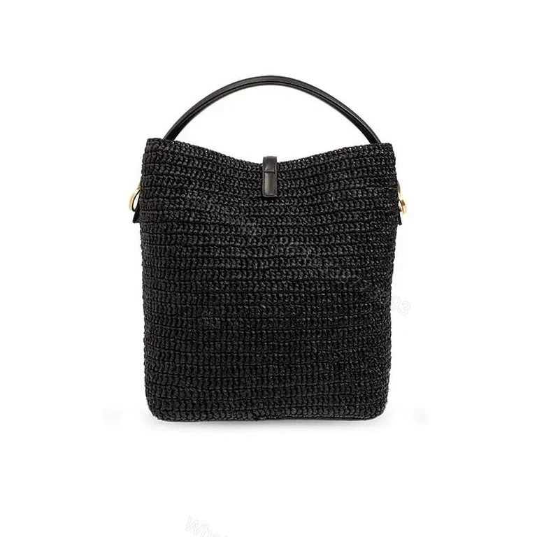 View 4 of Chic Black Woven Bucket Bag with Gold YSL Accent