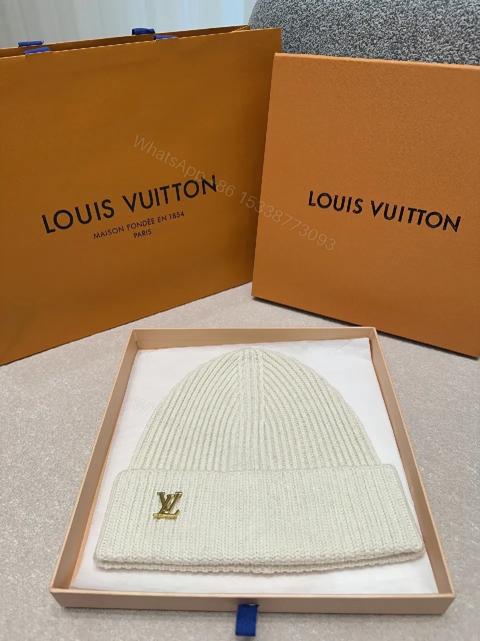 Textured Knit Beanie - Ivory Knit w/ LV Accent Fashion Beanie — view 1