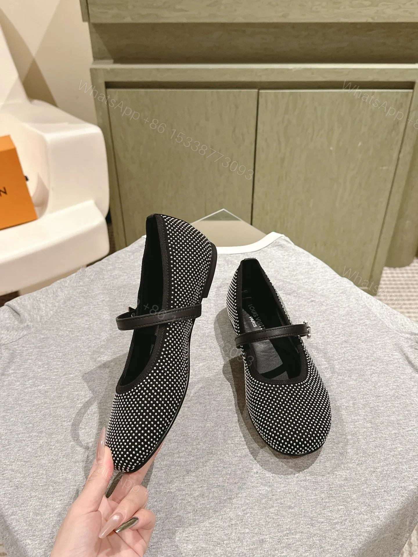 View 4 of LV Women Black Polka Dot Fabric Mary Janes