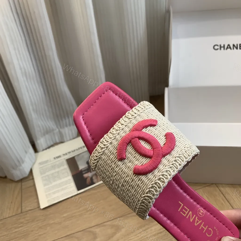 View 7 of Patterned Texture Slip-Ons: Bold Pink Footbed, Woven Strap Slides