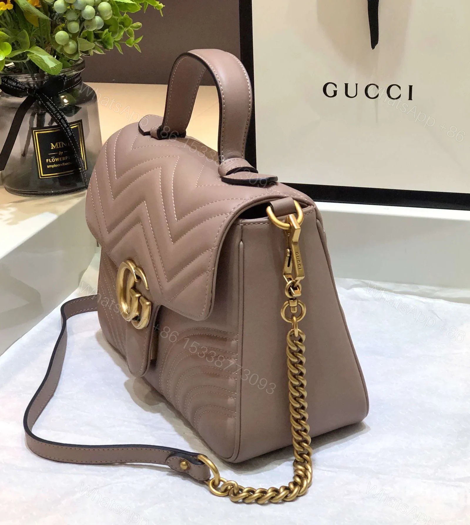 View 4 of Gucci Marmont Top Handle Like Auth Women’s Handbag with Gold Buckle 27cm